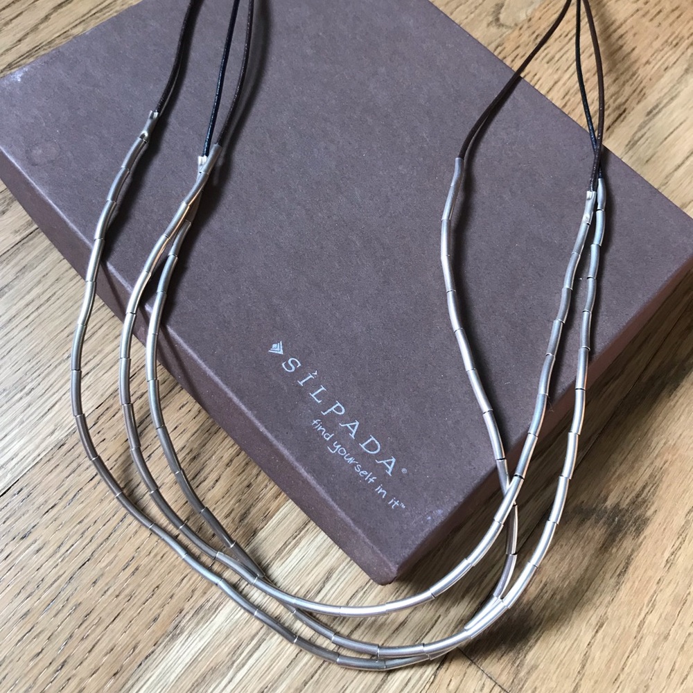 Silpada three strand 925 silver and leather necklace in original box EUC